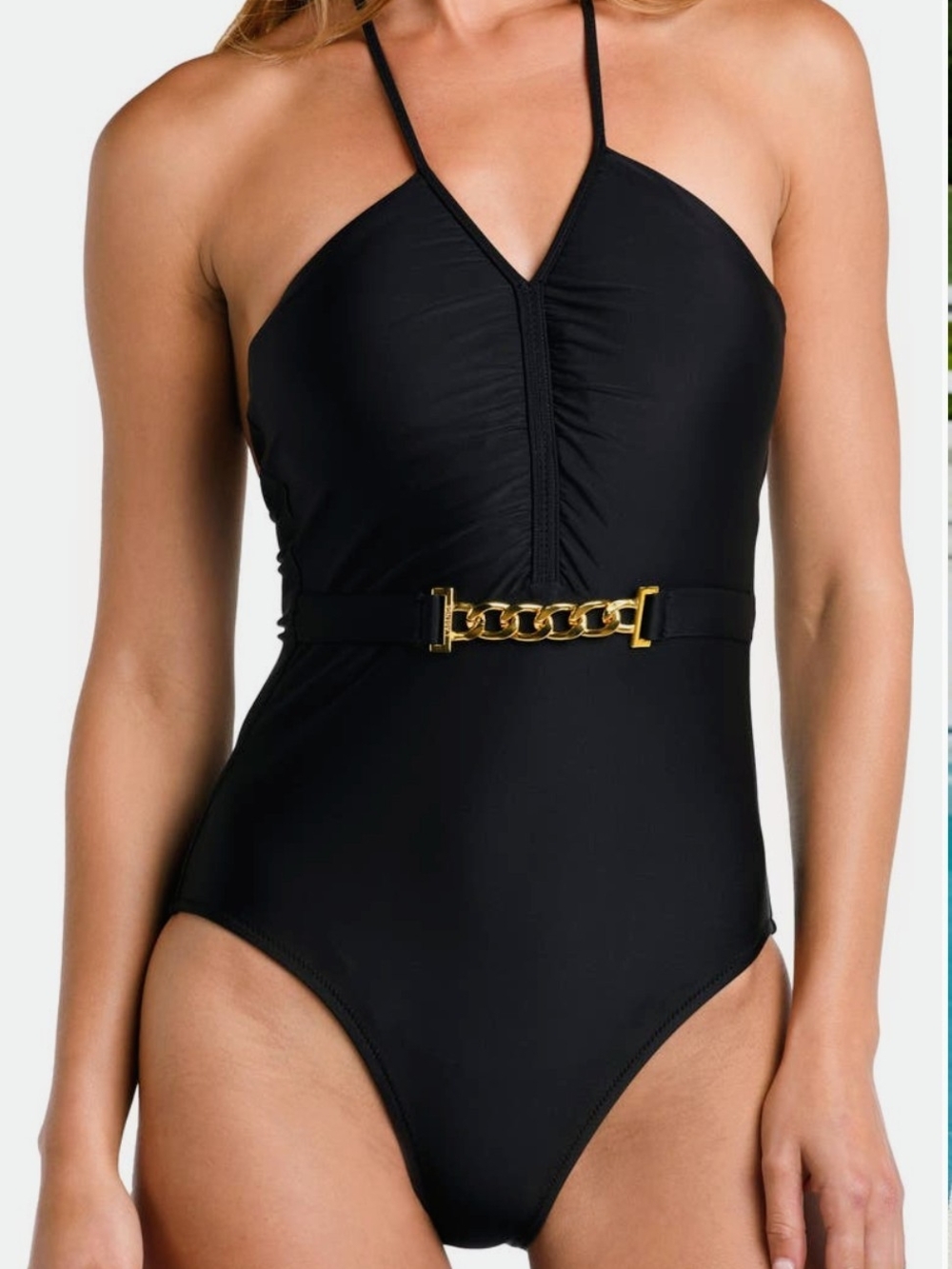 NWT L'AGENCE Leila Black Gold Chain Halter One Piece Swimsuit XS